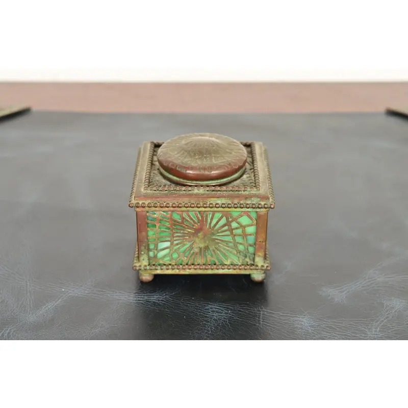 Tiffany Studios New York Pine Needle Bronze and Favrile Slag Glass Inkwell, Circa 1910 - Image 3