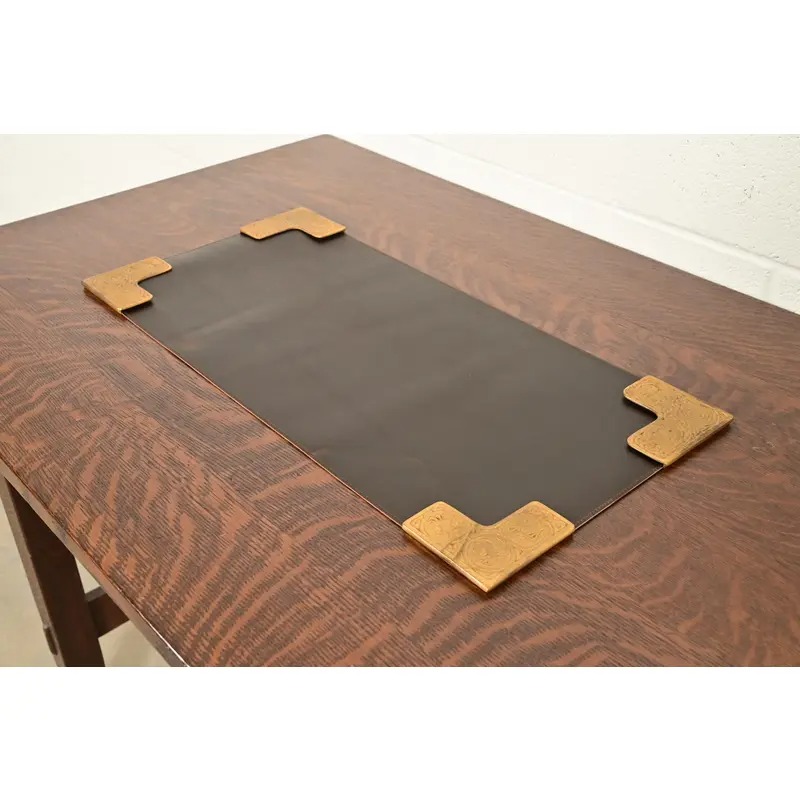 Tiffany Studios New York Zodiac Bronze Doré Blotter Corners With Leather Desk Blotter - Image 3
