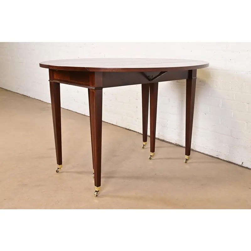Baker Furniture Federal Banded Mahogany Drop Leaf Dining or Breakfast Table, Newly Refinished - Image 4