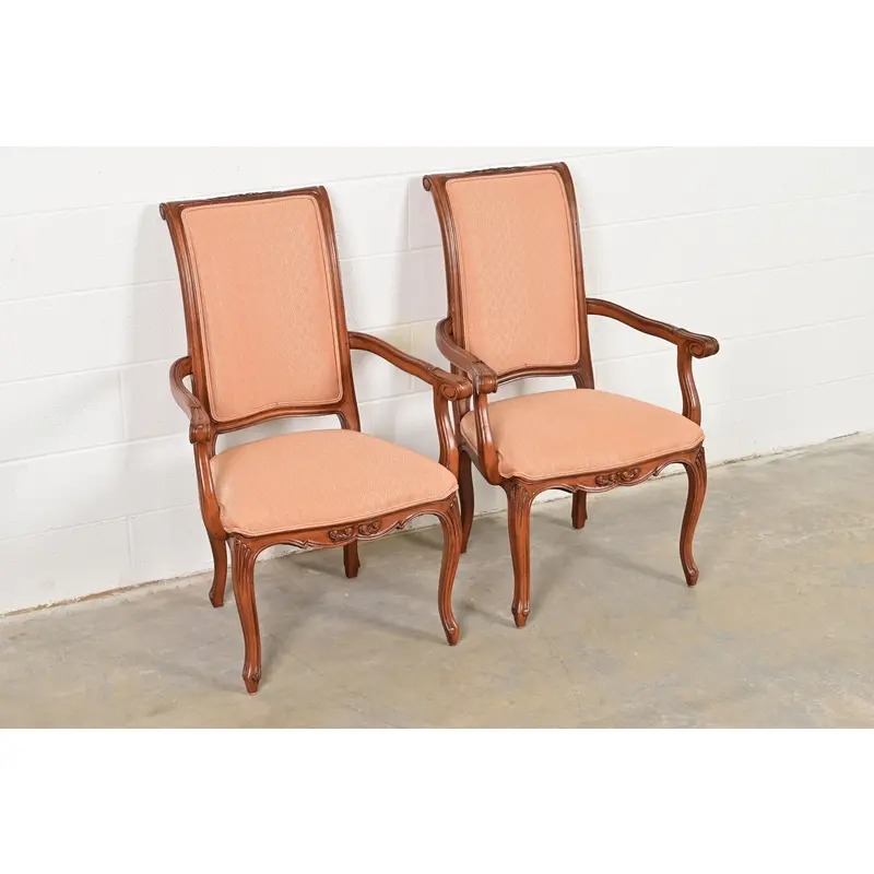 Baker Furniture French Provincial Louis XV Carved Walnut Armchairs or Dining Captain Chairs, Pair - Image 4
