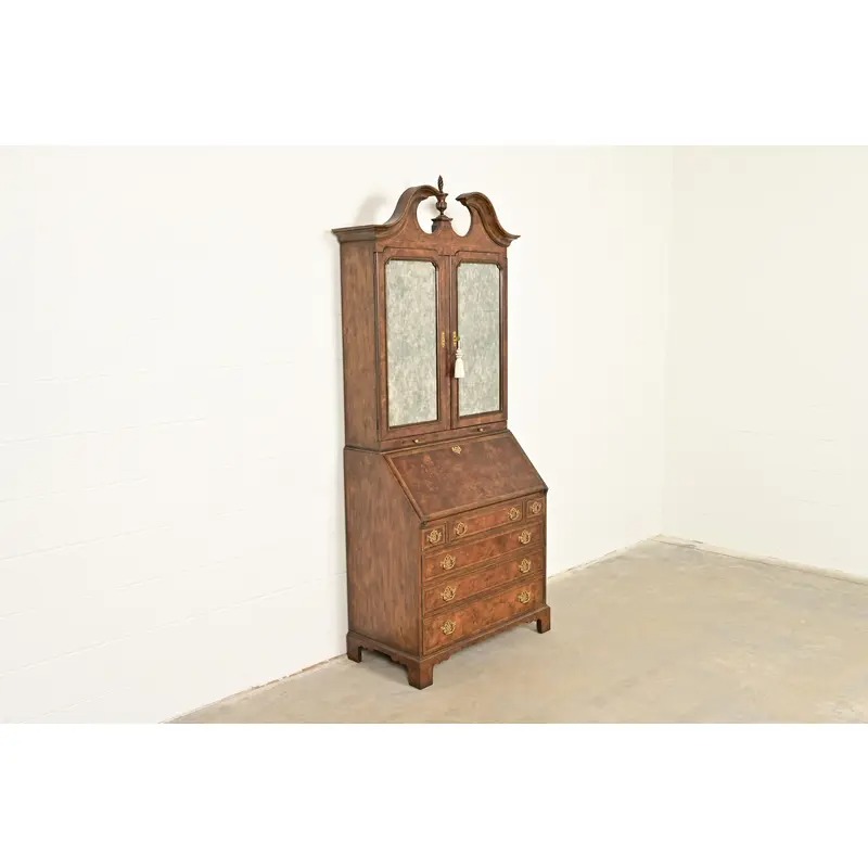 Baker Furniture Georgian Banded Burled Walnut Drop Front Secretary Desk With Bookcase Hutch - Image 4