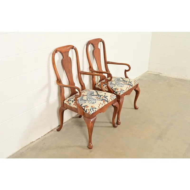 Baker Furniture Queen Anne Carved Walnut Armchairs or Dining Captain Chairs, Pair - Image 4