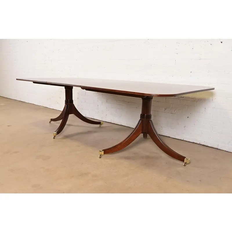 Baker Furniture Style Georgian Banded Mahogany Double Pedestal Extension Dining Table, Newly Refinished - Image 4