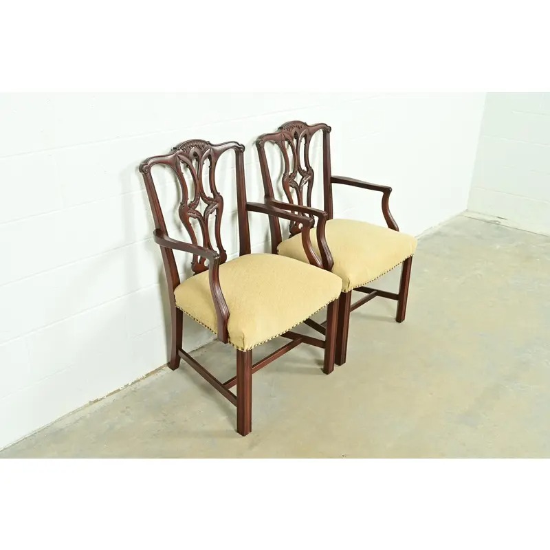 Baker Furniture Style Georgian Carved Mahogany Armchairs or Dining Captain Chairs, Pair - Image 4
