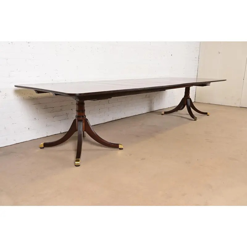 Baker Furniture Style Georgian Mahogany Double Pedestal Extension Dining Table, Newly Refinished - Image 4