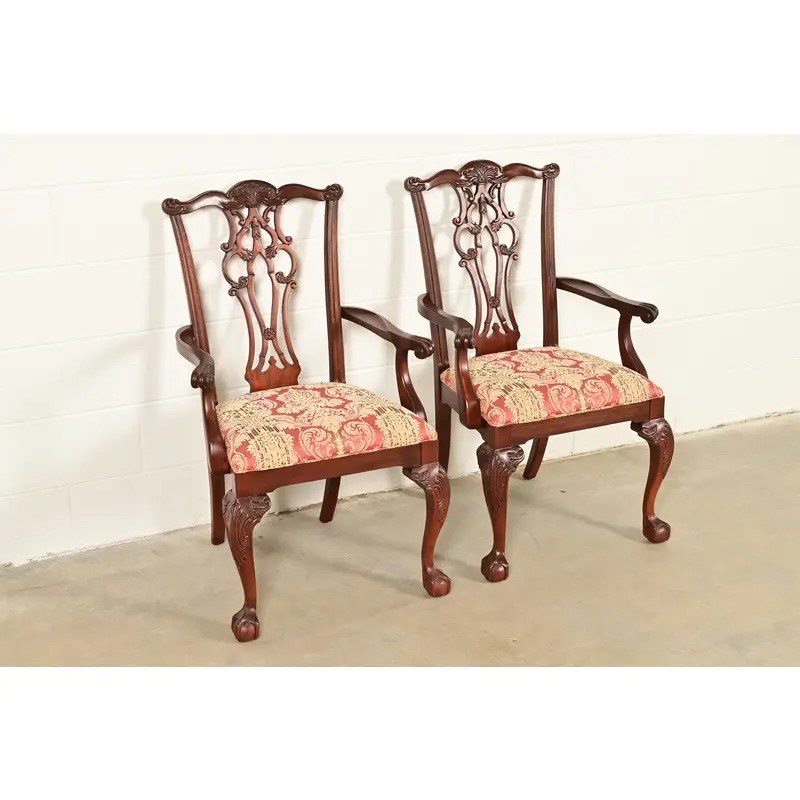 Ethan Allen Chippendale Carved Mahogany Armchairs or Dining Captain Chairs, Pair - Image 4