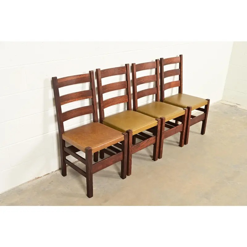 Gustav Stickley Antique Mission Oak Arts & Crafts Ladder Back Dining Chairs, Set of Four - Image 4