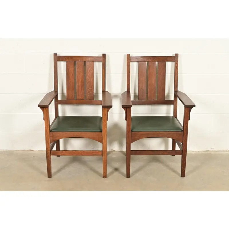Gustav Stickley Harvey Ellis Antique Mission Oak Arts & Crafts Armchairs, Pair - Image 4