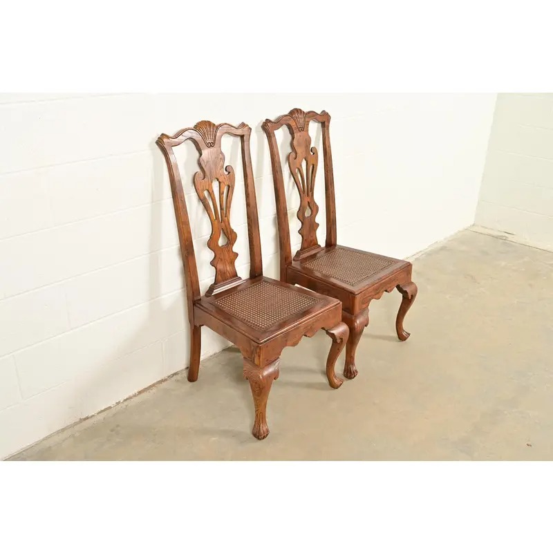 Henredon Georgian Carved Oak and Cane Side Chairs or Dining Chairs, Pair - Image 4