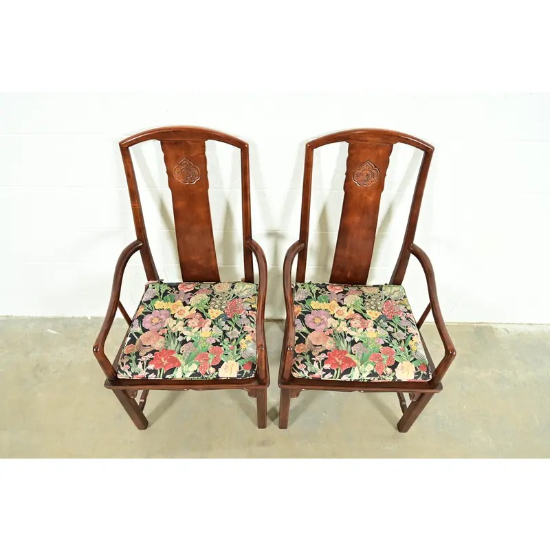 Henredon Hollywood Regency Chinoiserie Sculpted Mahogany Armchairs, Pair - Image 4