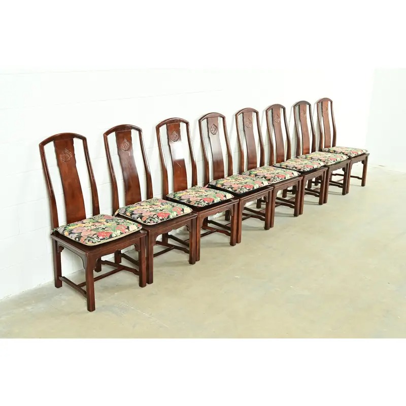 Henredon Hollywood Regency Chinoiserie Sculpted Mahogany Dining Chairs, Set of Eight - Image 4