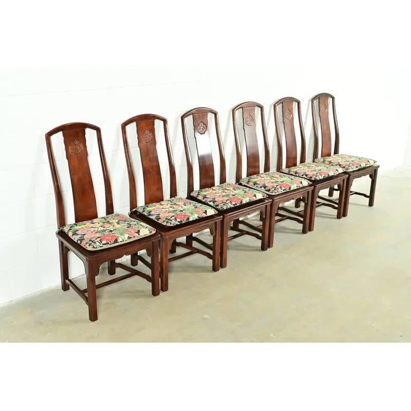 Henredon Hollywood Regency Chinoiserie Sculpted Mahogany Dining Chairs, Set of Six - Image 4