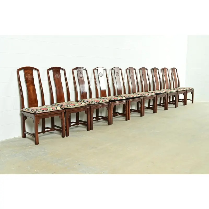 Henredon Hollywood Regency Chinoiserie Sculpted Mahogany Dining Chairs, Set of Ten - Image 4
