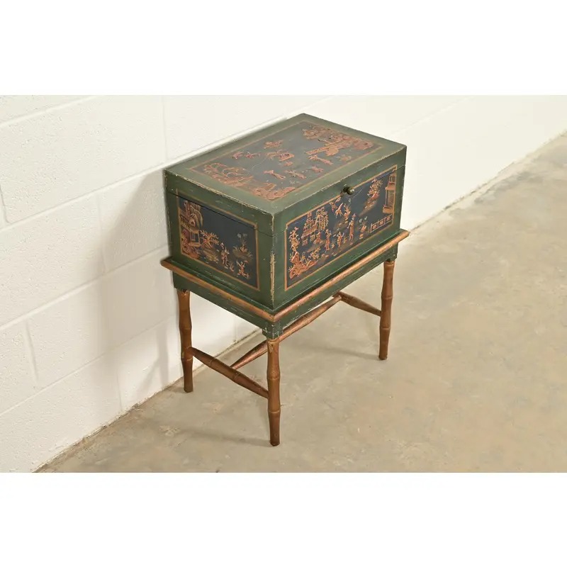 Hollywood Regency Chinoiserie Hand-Painted Green Lacquered and Gold Gilt Chest on Stand - Image 14