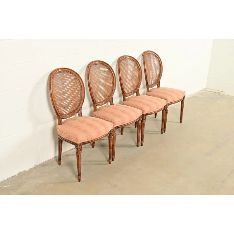 Karges French Regency Louis XVI Carved Walnut Cane Back Dining Chairs, Set of Four - Image 4