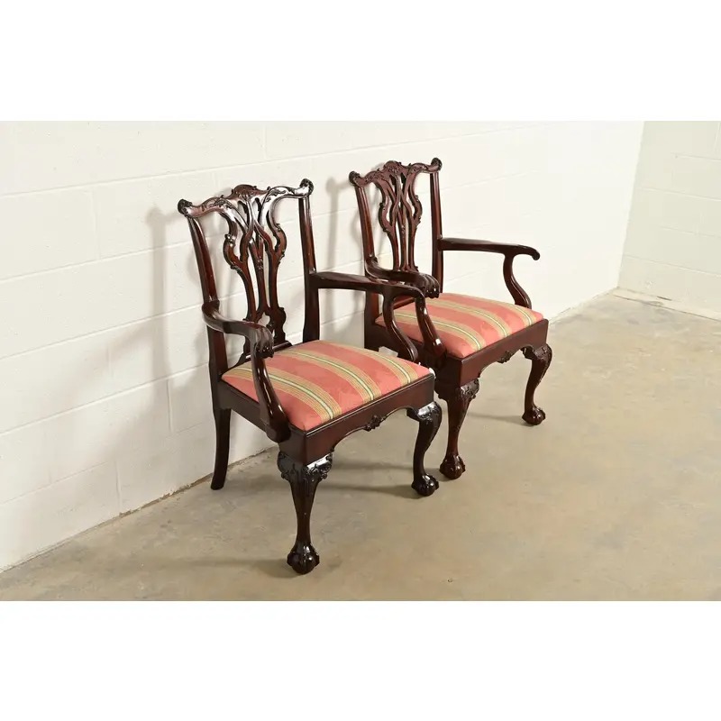 Kindel Furniture Chippendale Carved Mahogany Dining Arm Chairs, Pair - Image 4