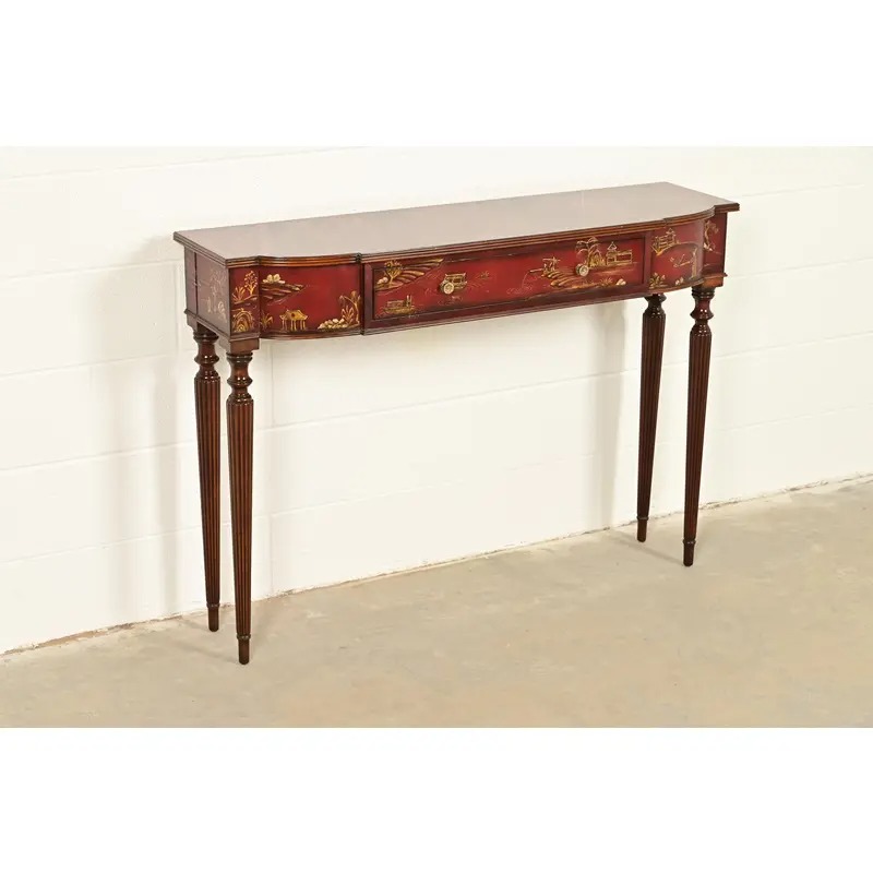 Maitland Smith English Regency Chinoiserie Hand-Painted Red Lacquered Console Table - Image 4