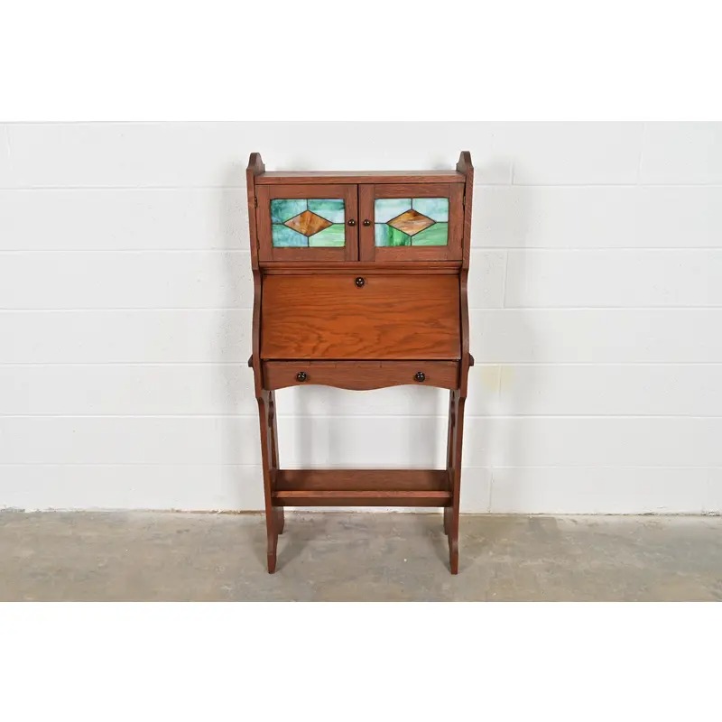 Stickley Brothers Style Antique Mission Oak Arts & Crafts Secretary Desk With Stained Glass Doors, Circa 1900 - Image 4