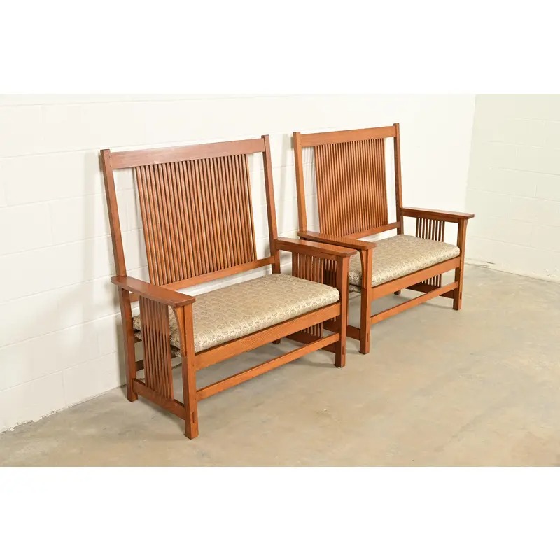 Stickley Mission Oak Arts & Crafts Spindle Benches or Settees, Pair - Image 4
