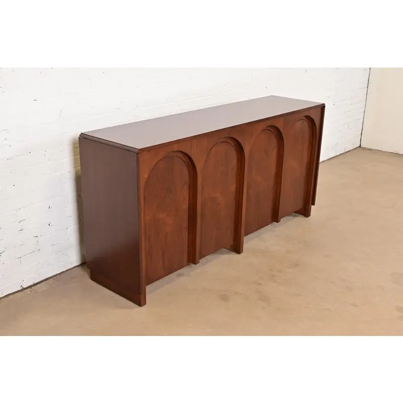 T. H. Robsjohn Gibbings for Widdicomb Sculpted Walnut Colosseum Sideboard Credenza, Newly Refinished - Image 4