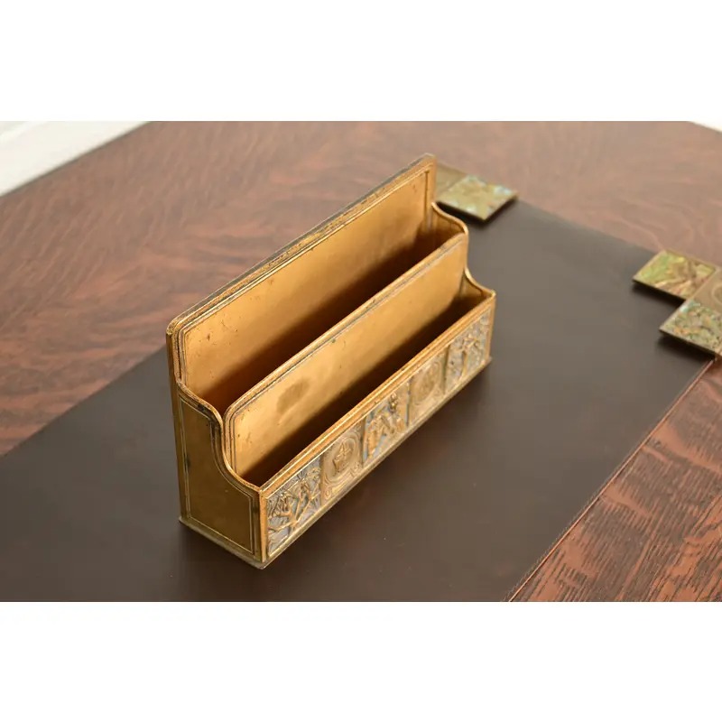 Tiffany Studios New York Bookmark Pattern Bronze Doré and Enamel Letter Rack - Image 4
