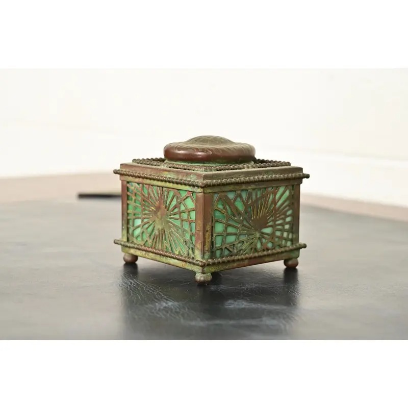 Tiffany Studios New York Pine Needle Bronze and Favrile Slag Glass Inkwell, Circa 1910 - Image 4