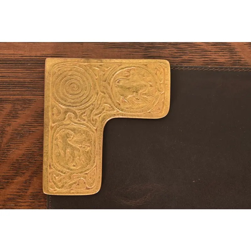 Tiffany Studios New York Zodiac Bronze Doré Blotter Corners With Leather Desk Blotter - Image 4