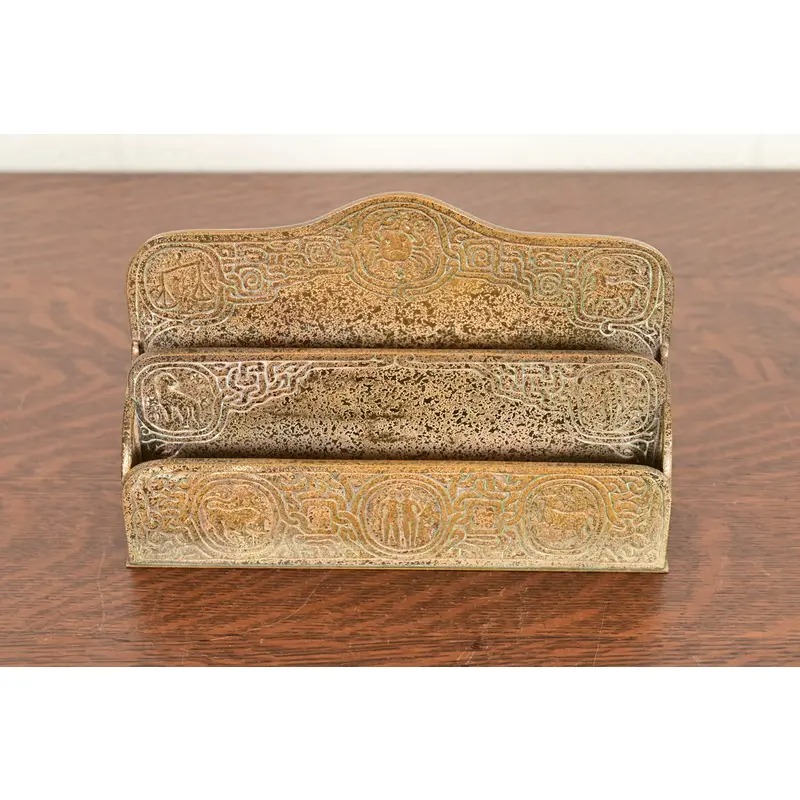 Tiffany Studios New York Zodiac Pattern Bronze Doré Letter Rack - Image 4