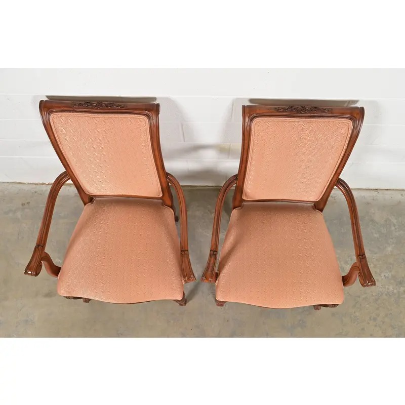 Baker Furniture French Provincial Louis XV Carved Walnut Armchairs or Dining Captain Chairs, Pair - Image 5