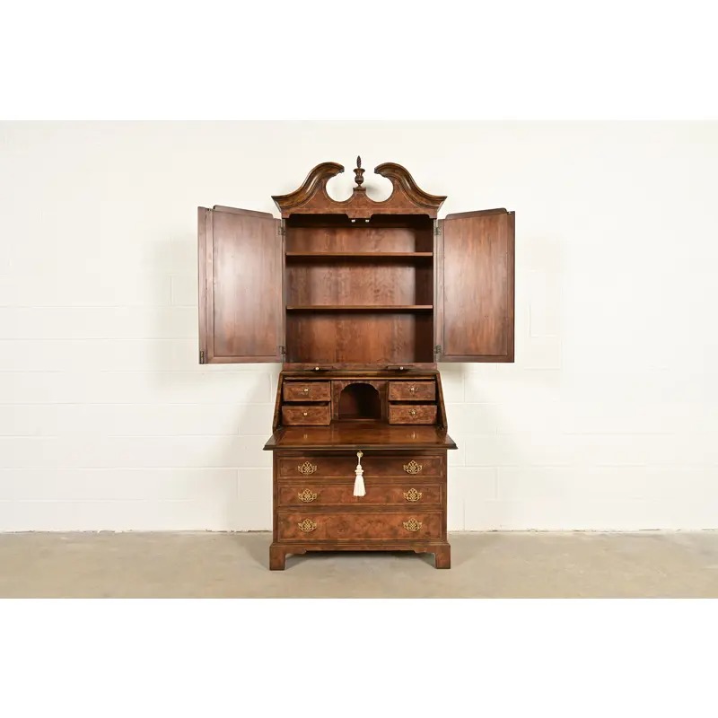 Baker Furniture Georgian Banded Burled Walnut Drop Front Secretary Desk With Bookcase Hutch - Image 5