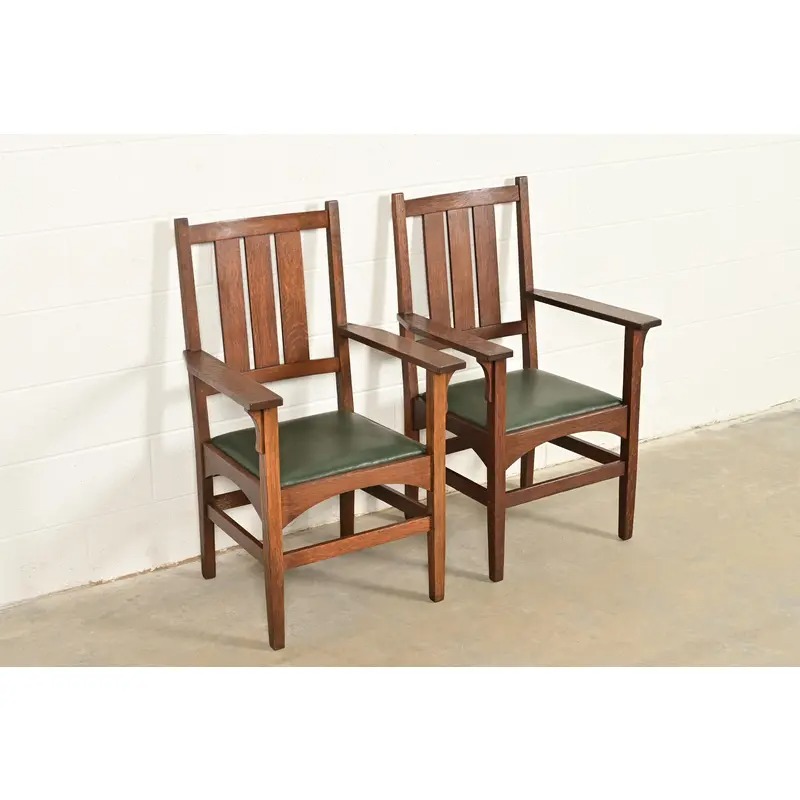 Gustav Stickley Harvey Ellis Antique Mission Oak Arts & Crafts Armchairs, Pair - Image 5