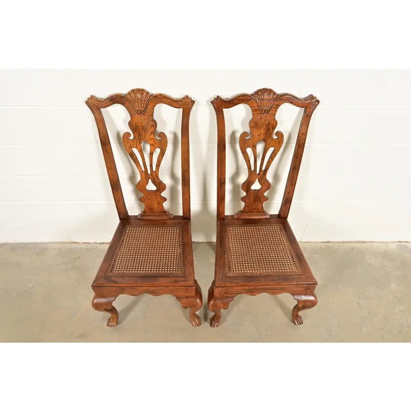 Henredon Georgian Carved Oak and Cane Side Chairs or Dining Chairs, Pair - Image 5