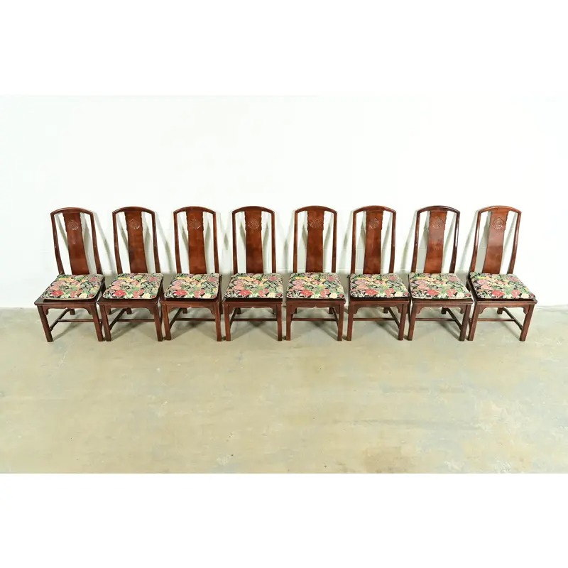 Henredon Hollywood Regency Chinoiserie Sculpted Mahogany Dining Chairs, Set of Eight - Image 5