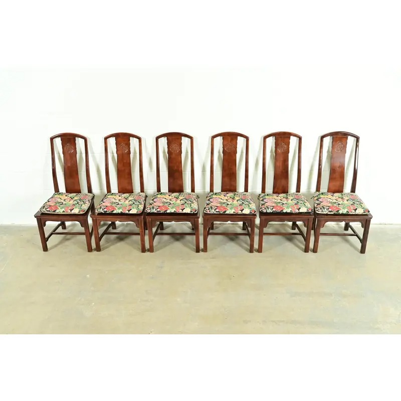 Henredon Hollywood Regency Chinoiserie Sculpted Mahogany Dining Chairs, Set of Six - Image 5