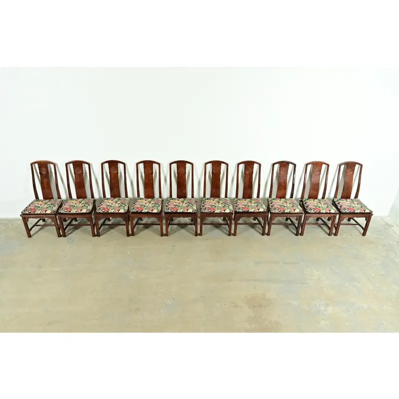 Henredon Hollywood Regency Chinoiserie Sculpted Mahogany Dining Chairs, Set of Ten - Image 5