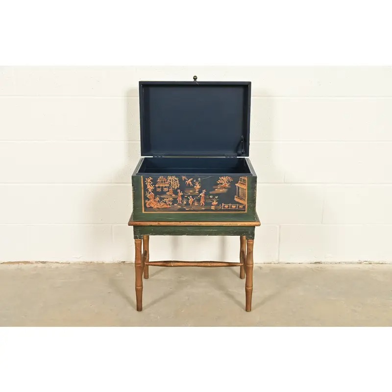 Hollywood Regency Chinoiserie Hand-Painted Green Lacquered and Gold Gilt Chest on Stand - Image 13