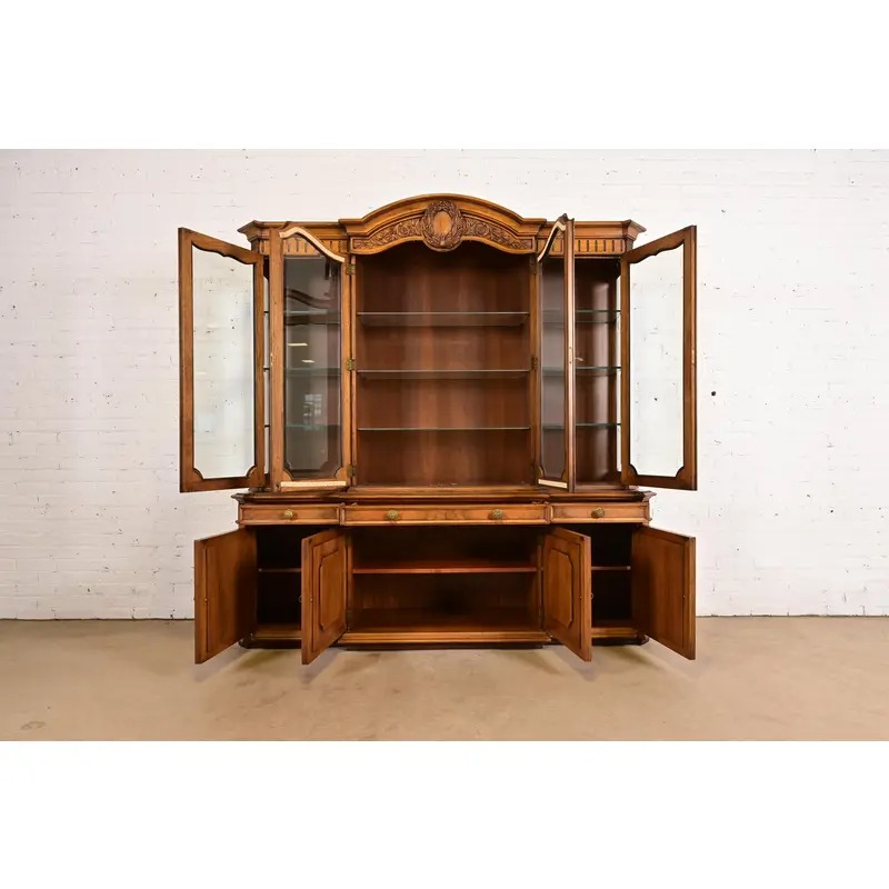 Karges French Regency Louis XVI Burled Walnut Lighted Breakfront Bookcase Cabinet, Newly Refinished - Image 5