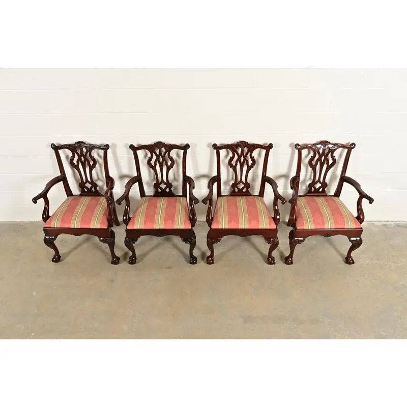 Kindel Furniture Chippendale Carved Mahogany Dining Arm Chairs, Set of Four - Image 5