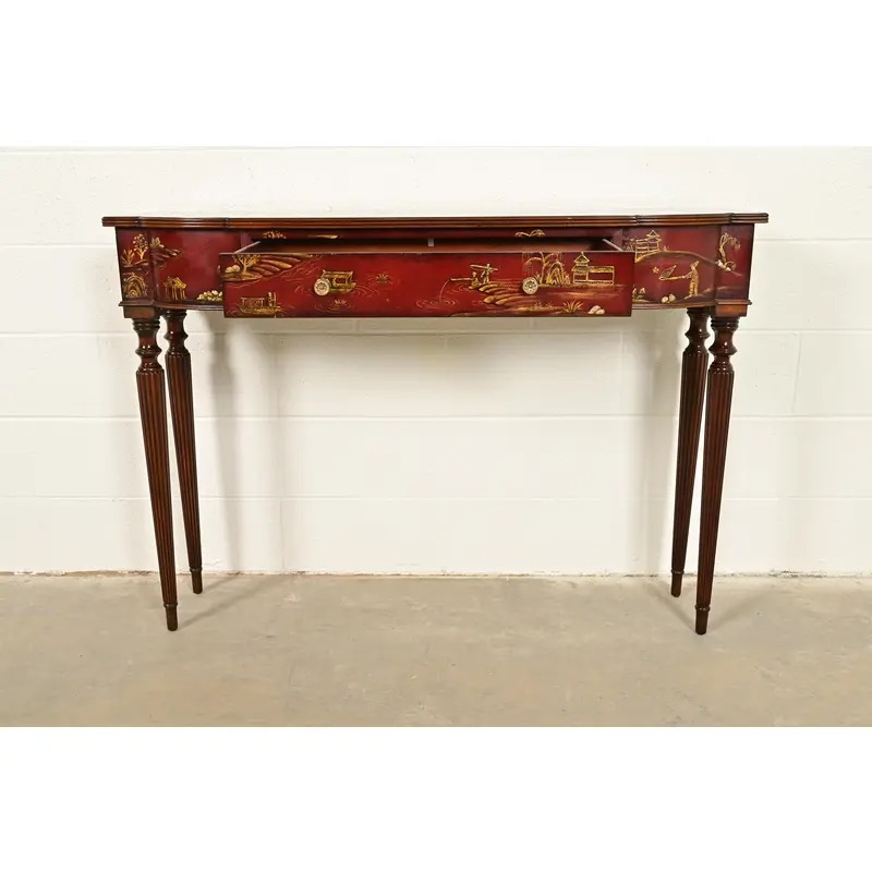 Maitland Smith English Regency Chinoiserie Hand-Painted Red Lacquered Console Table - Image 5