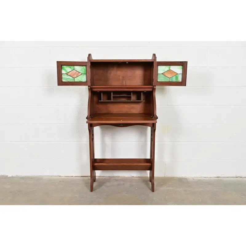 Stickley Brothers Style Antique Mission Oak Arts & Crafts Secretary Desk With Stained Glass Doors, Circa 1900 - Image 5
