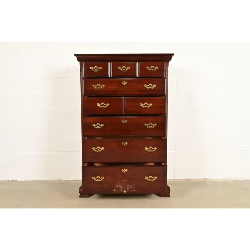 Thomasville Georgian Carved Cherry Wood Highboy Dresser, Circa 1980s - Image 4