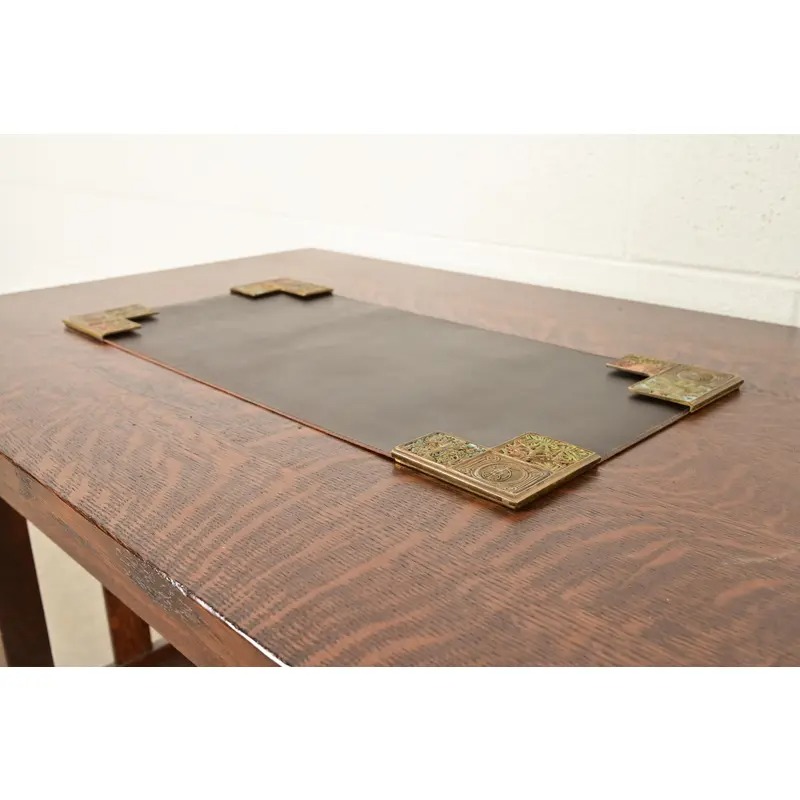 Tiffany Studios New York Bookmark Pattern Bronze Doré and Enamel Blotter Corners With Leather Desk Blotter - Image 5