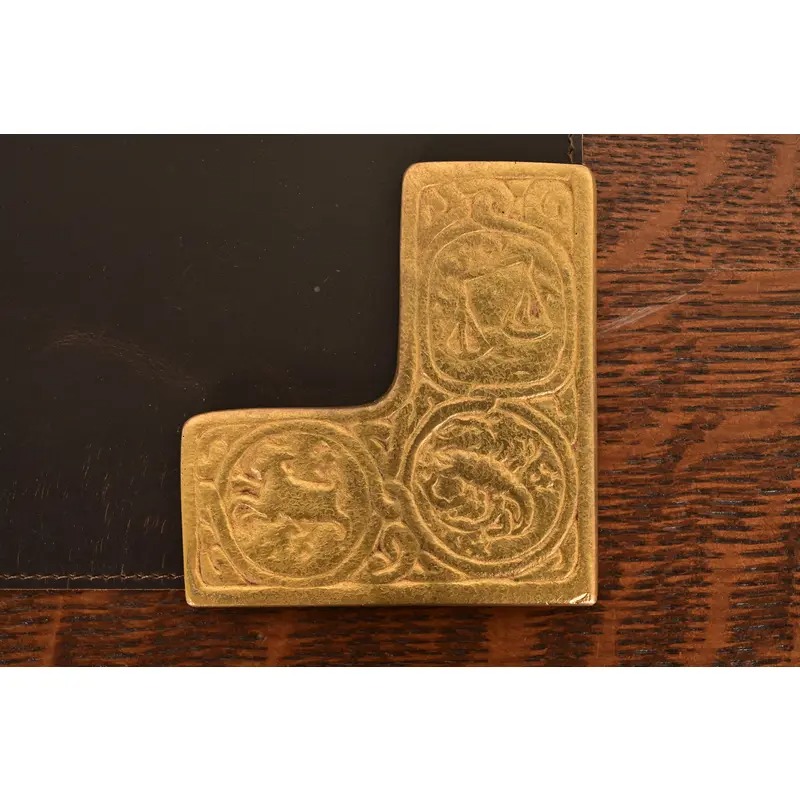 Tiffany Studios New York Zodiac Bronze Doré Blotter Corners With Leather Desk Blotter - Image 5