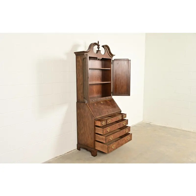Baker Furniture Georgian Banded Burled Walnut Drop Front Secretary Desk With Bookcase Hutch - Image 6