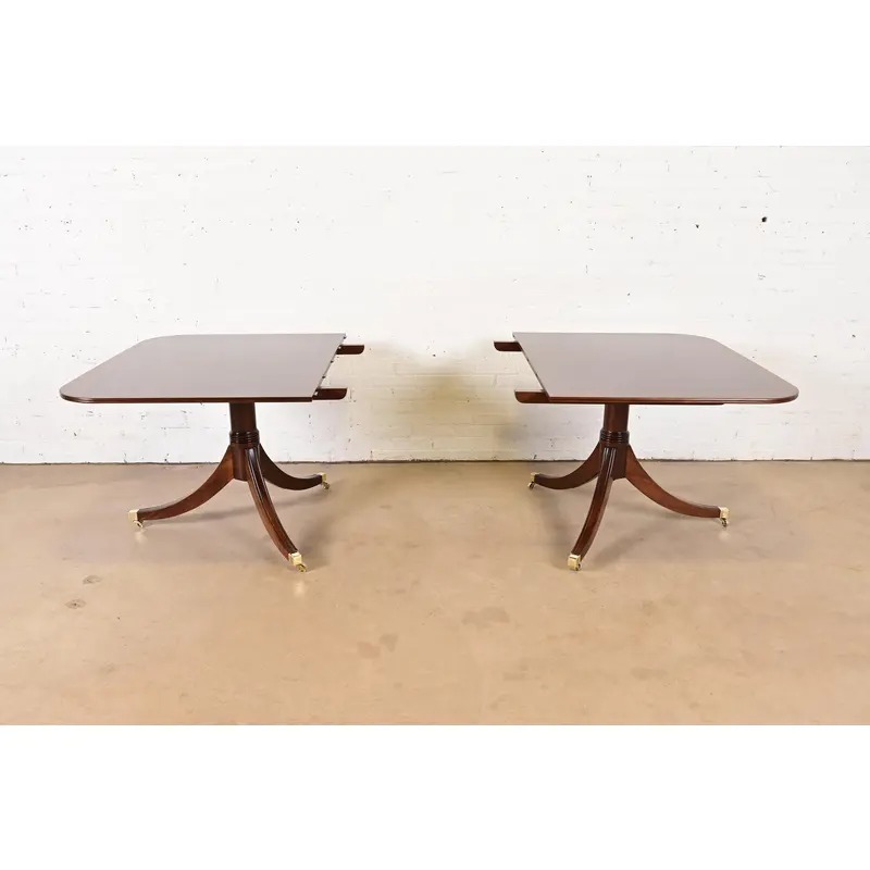 Baker Furniture Style Georgian Banded Mahogany Double Pedestal Extension Dining Table, Newly Refinished - Image 6