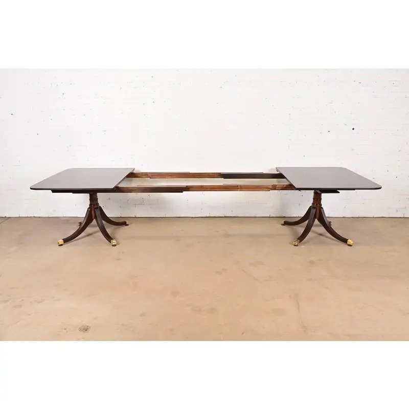 Baker Furniture Style Georgian Mahogany Double Pedestal Extension Dining Table, Newly Refinished - Image 6