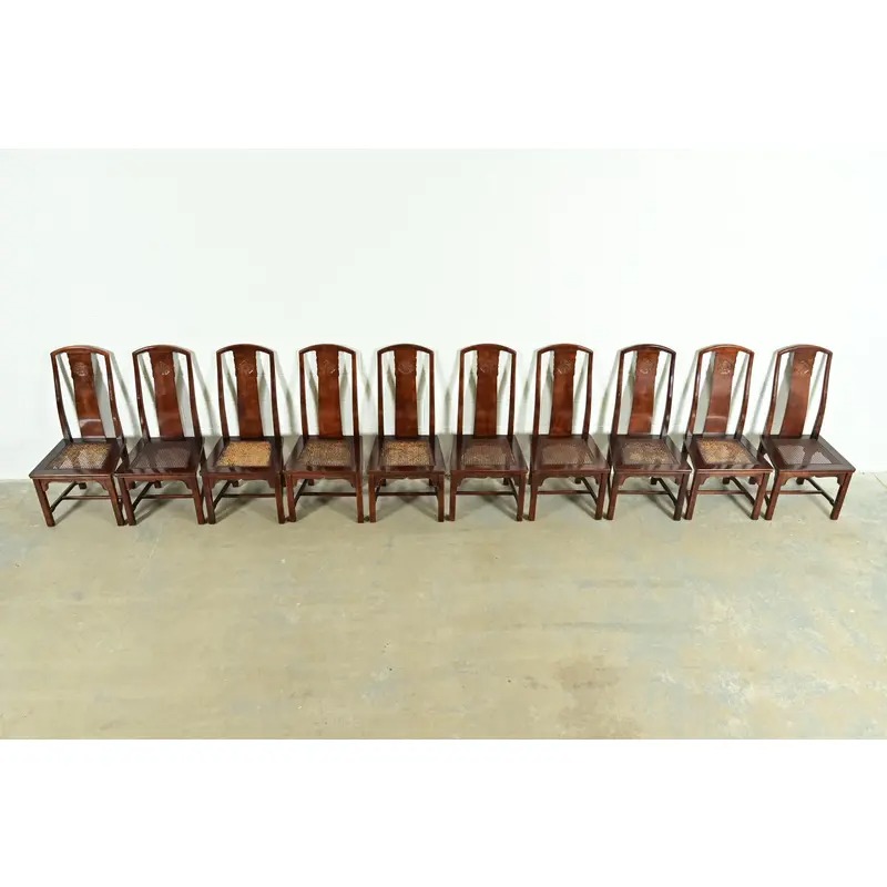 Henredon Hollywood Regency Chinoiserie Sculpted Mahogany Dining Chairs, Set of Ten - Image 6