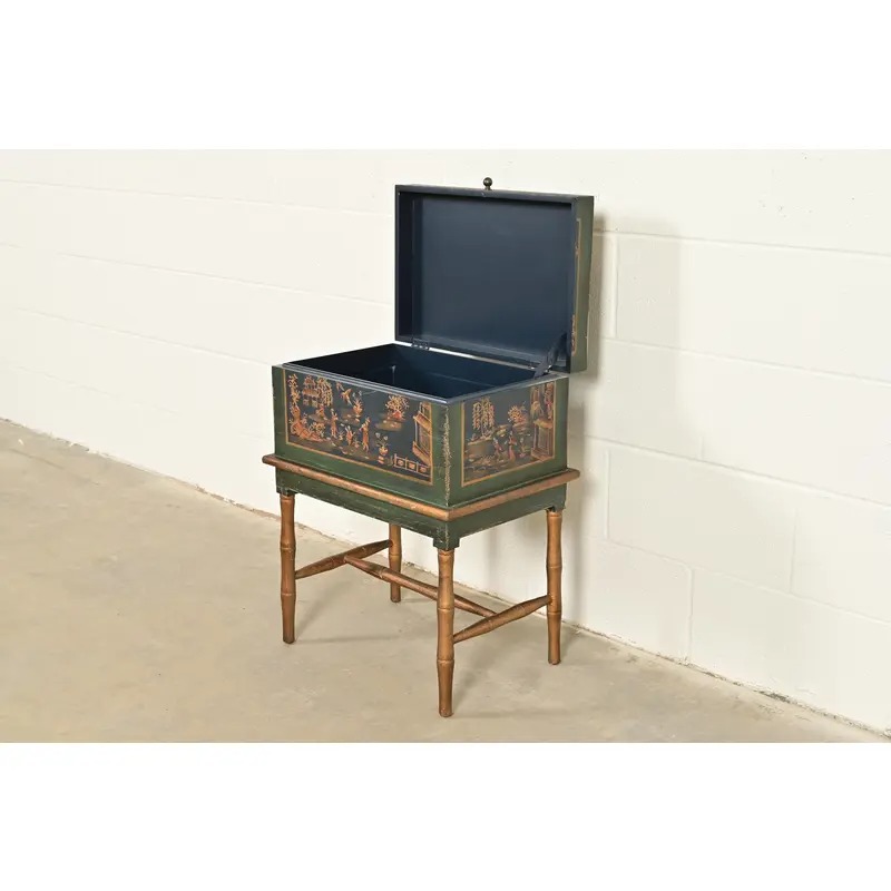Hollywood Regency Chinoiserie Hand-Painted Green Lacquered and Gold Gilt Chest on Stand - Image 12