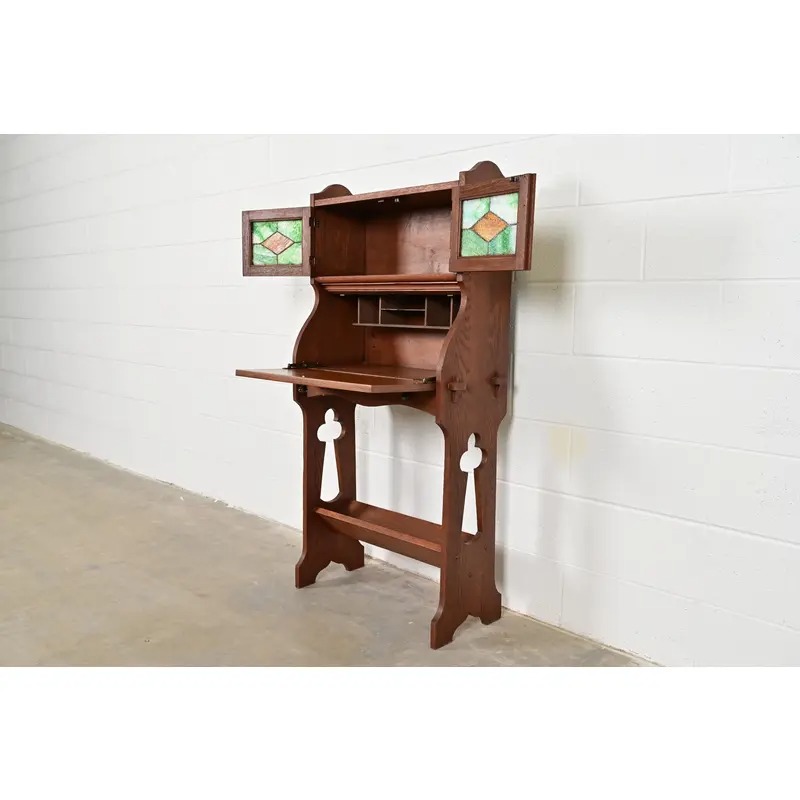 Stickley Brothers Style Antique Mission Oak Arts & Crafts Secretary Desk With Stained Glass Doors, Circa 1900 - Image 6