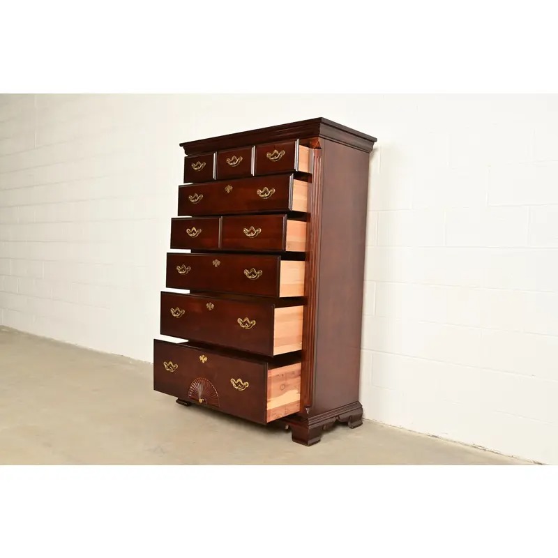 Thomasville Georgian Carved Cherry Wood Highboy Dresser, Circa 1980s - Image 5